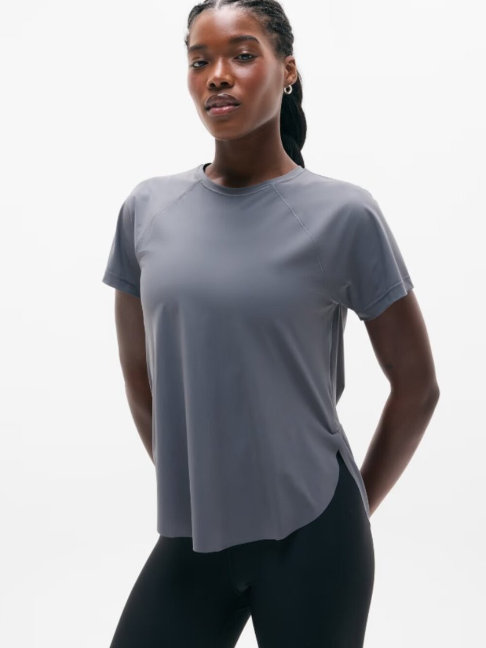 Athleta Ultimate Mesh Tee Top Slate Gray Curved Hem Performance Top Size Large